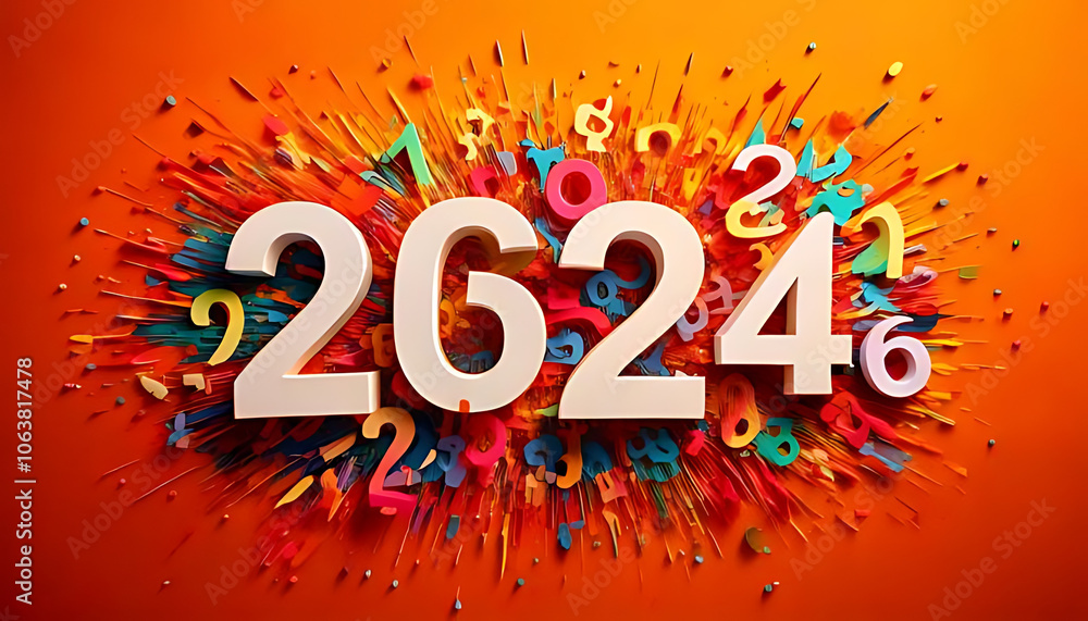Poster vibrant colors splashed across bright orange background bold numbers white font creating lively atmo