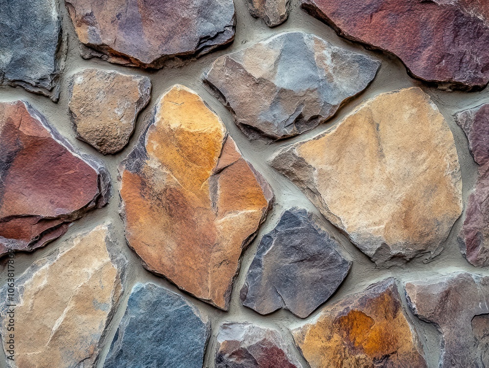 Aufkleber a close-up view of a textured stone wall with various colors and shapes.