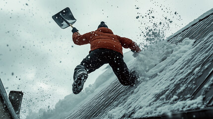 A worker slips while shoveling snow from a snowy roof on a cold winter day, showcasing the dangers of winter weather tasks