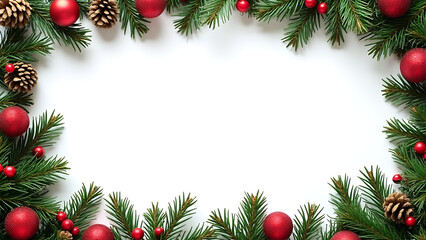 Christmas fir branch frame with red decorations and pinecones sits atop a white surface in a festive winter scene