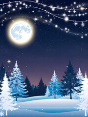 A tranquil winter night under a glowing moon and shimmering stars in a snowy forest landscape