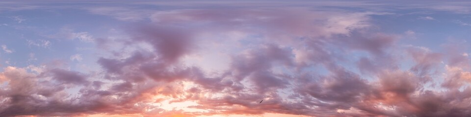 360 panorama of glowing sunset sky with bright pink Cumulus clouds. HDR 360 seamless spherical...
