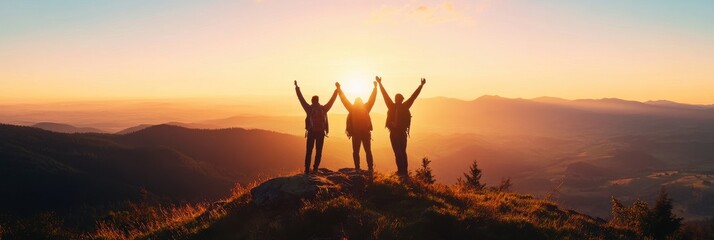 Together overcoming obstacles with three people holding hands up in the air on mountain top , celebrating success and achievements