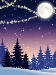 A serene winter night under a glowing moon surrounded by snow-covered pine trees and twinkling lights in the peaceful woods