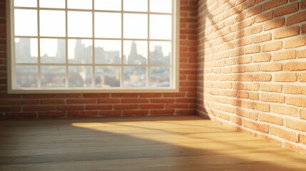 A large room with a brick wall and a window, Wooden floor and brick wall in a modern interior