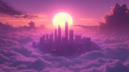 A city skyline emerges from a sea of clouds at sunset, with a bright, yellow sun shining above.