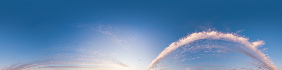 Sunset sky with bright glowing pink Cirrus clouds. Seamless spherical HDR 360 panorama. Full zenith or sky dome in 3D, sky replacement for aerial drone panoramas. Climate and weather change.
