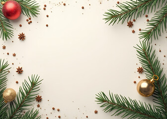 Christmas card featuring a merry design with a hanging ball and natural fir branches