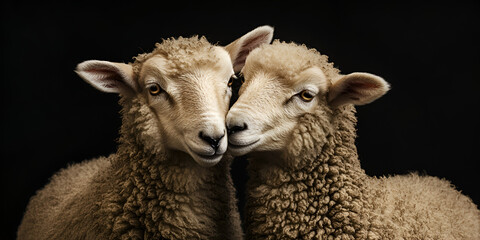 Fototapeta premium Close-up Portrait of Two Sheep with Noses Touching Against a Black Background