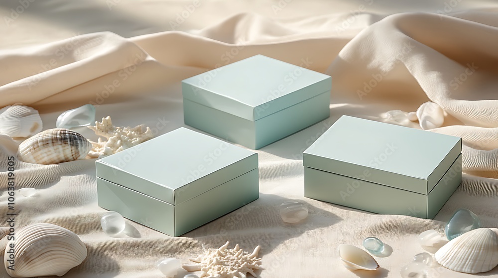 Poster turquoise rectangular boxes on soft fabric background