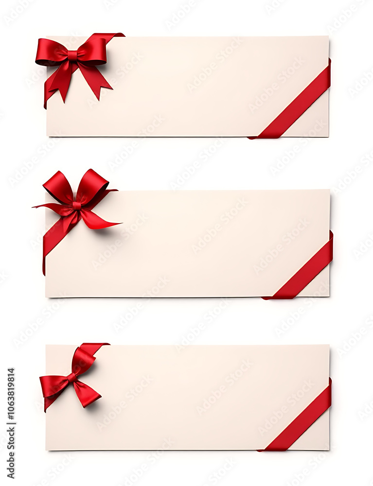 Poster cards and banners with realistic decorations including red bows and ribbon in isolated empty setting
