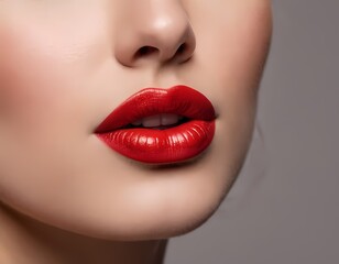 Fototapeta premium Close-up of a woman's lips adorned with bold red lipstick, showcasing a striking makeup look
