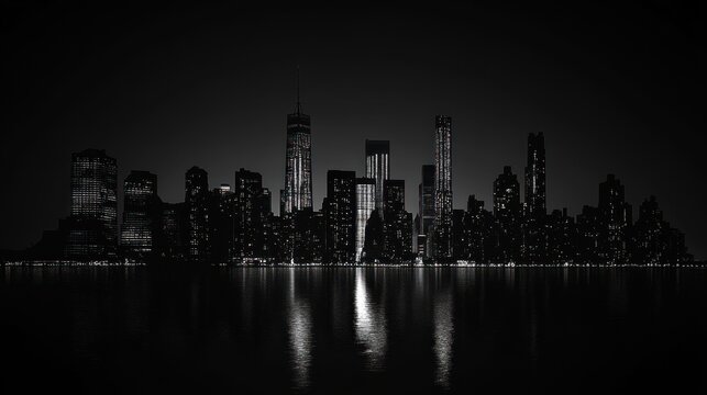 Fototapeta A black and white silhouette of a city skyline with skyscrapers reflecting in the water at night.
