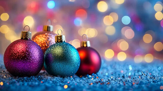 Four colorful ornaments sit on a blue, sparkly surface with a blurry background of festive lights