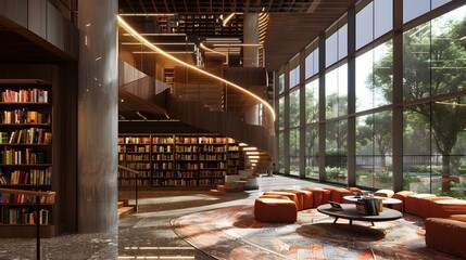 Cozy Modern Home Library with Wooden Bookshelves and Comfortable Lounge Furniture