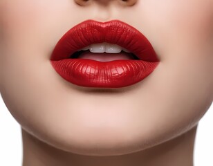 Obraz premium Close-up of a woman's lips adorned with bold red lipstick, showcasing a striking makeup look