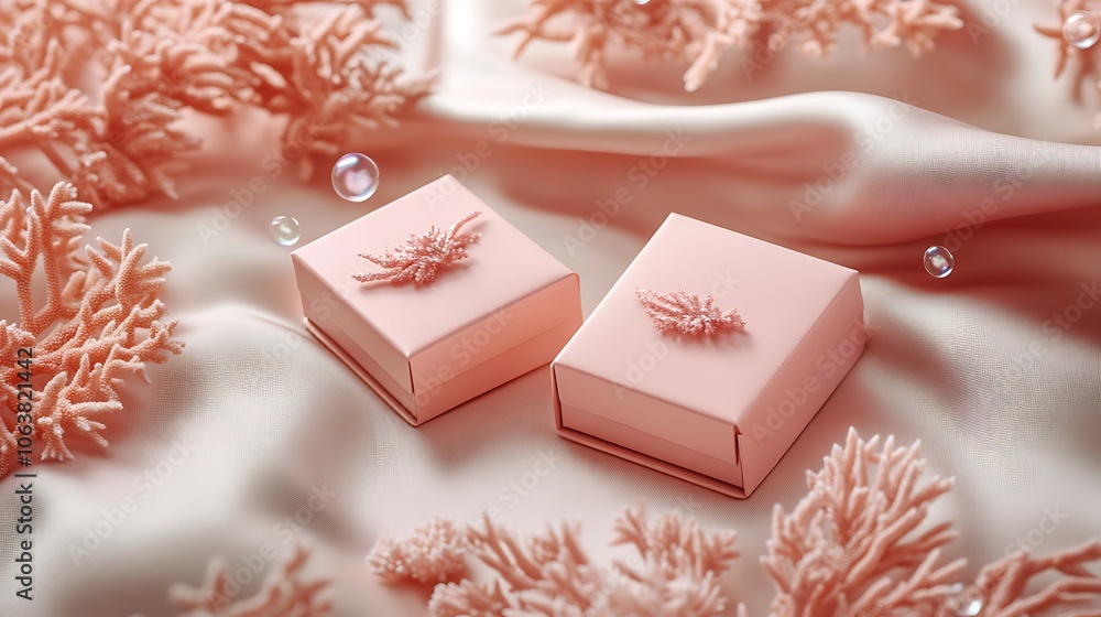 Poster coral triangular-shaped boxes on soft fabric background