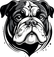A black and white illustration of a bulldog head on a white background