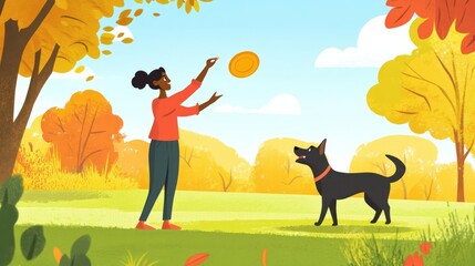 A woman playing with her dog in the park, tossing a frisbee, with both looking excited and happy in a vibrant outdoor setting