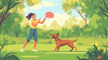 Fototapeta premium woman playing with her dog in the park
