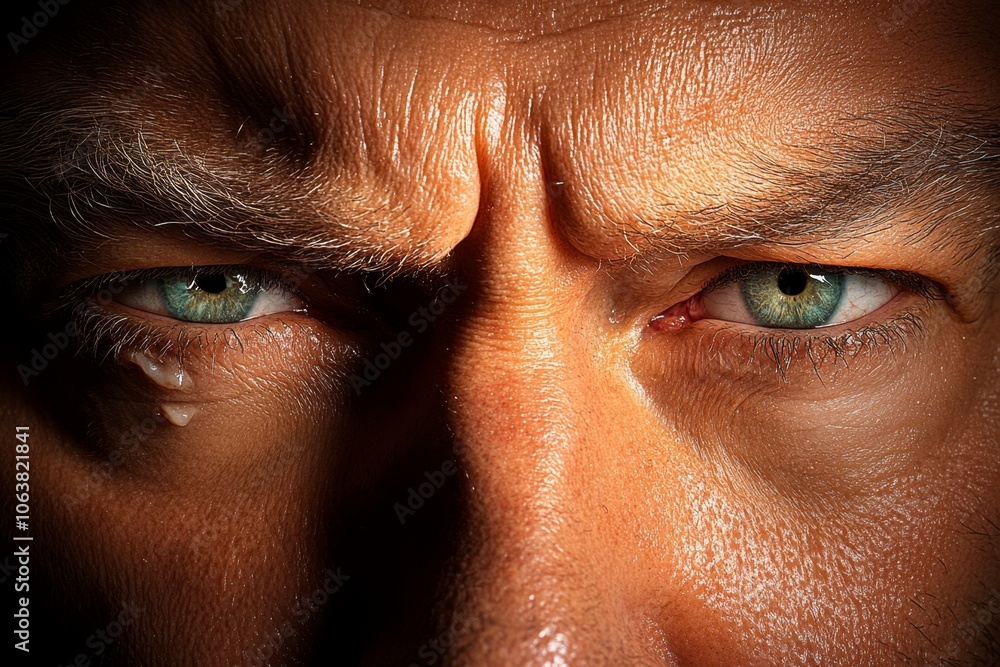 Poster close-up of a personâ€™s face as they confess, with hyper-realistic details showing intense emotion,