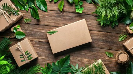 Eco-friendly packaging design made from recycled cardboard with green leaves and natural elements on a wooden table emphasizing sustainability 