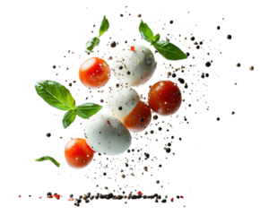 Mozzarella balls with cherry tomatoes, basil, and black peppercorns floating on a white background. PNG transparent.
