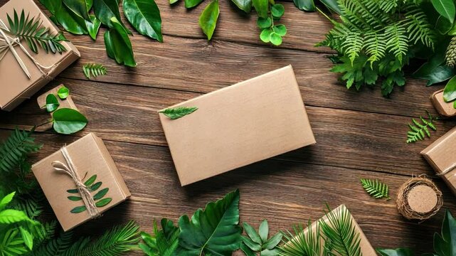 Eco-friendly packaging design made from recycled cardboard with green leaves and natural elements on a wooden table emphasizing sustainability 