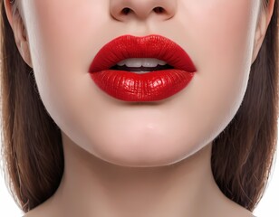 Fototapeta premium Close-up of a woman's lips adorned with bold red lipstick, showcasing a striking makeup look
