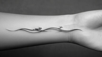 Obraz premium Minimalist wave tattoo design on the wrist, representing the ocean and freedom. Simple lines for an elegant, understated look.
