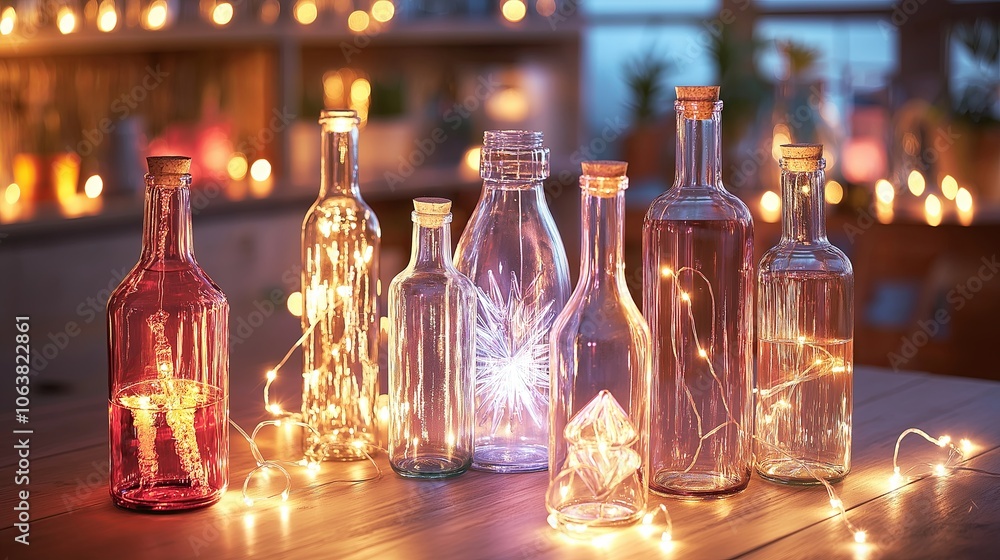 Poster a collection of glass bottles filled with string lights, creating a soft glow