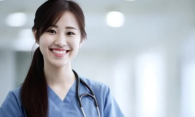 Asian female nurse in her scrubs, with a warm smile, embodies the dedication and empathy of healthcare professionals.