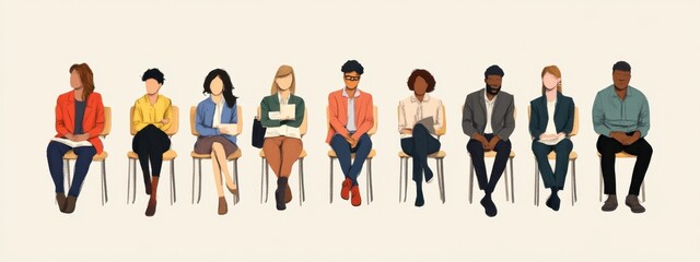 A group of diverse people sitting on chairs with their legs crossed, waiting for a job interview Generative AI