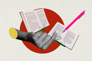 Composite trend artwork sketch image collage of hand wrist show gesture korean heart open book page...