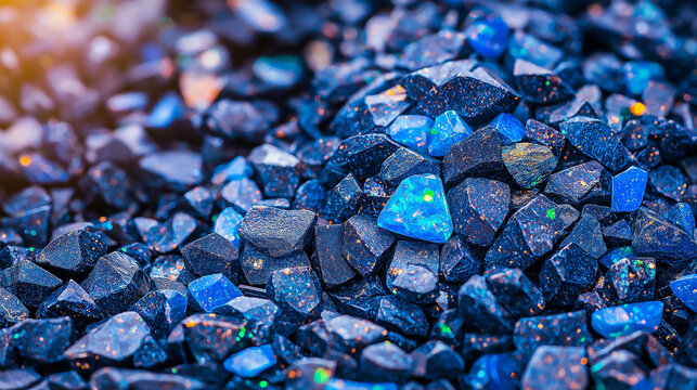Blue Opal Gemstones: A close-up, macro shot of a pile of blue opal gemstones, showcasing their iridescent brilliance and intricate patterns. The image evokes a sense of luxury, beauty.