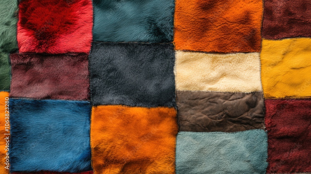 Poster patchwork of multicolored fur textures, creating a cozy, inviting background for textile or fashion 