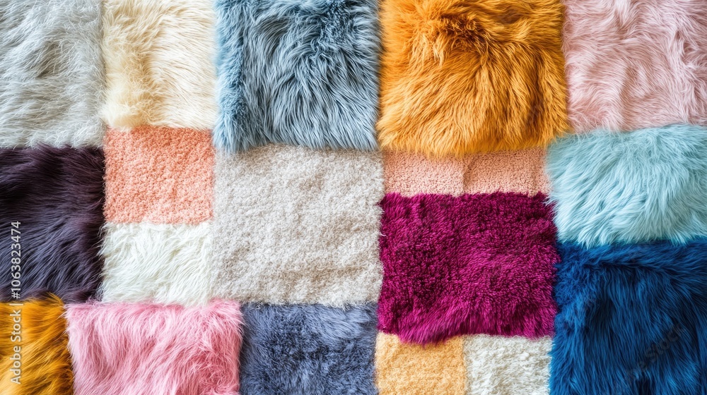 Poster patchwork of multicolored fur textures, creating a cozy, inviting background for textile or fashion 