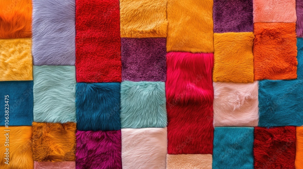 Poster patchwork of multicolored fur textures, creating a cozy, inviting background for textile or fashion 