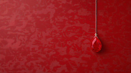 Crimson Jewel: A single, teardrop-shaped red crystal pendant hangs delicately against a rich crimson background, creating a captivating image of elegance and mystery.