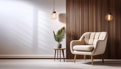 Fototapeta premium Modern living room interior with armchair, plant, and wooden wall