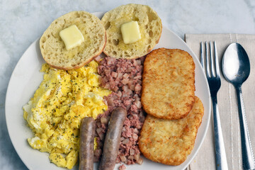  scramble eggs with corn beef hash and  hash browns