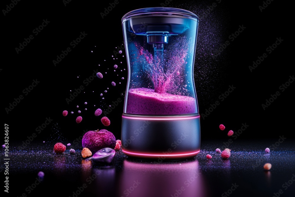 Poster High-tech, digital blender with holographic display showing blend speed and ingredients, blending a smoothie with neon colors and futuristic design