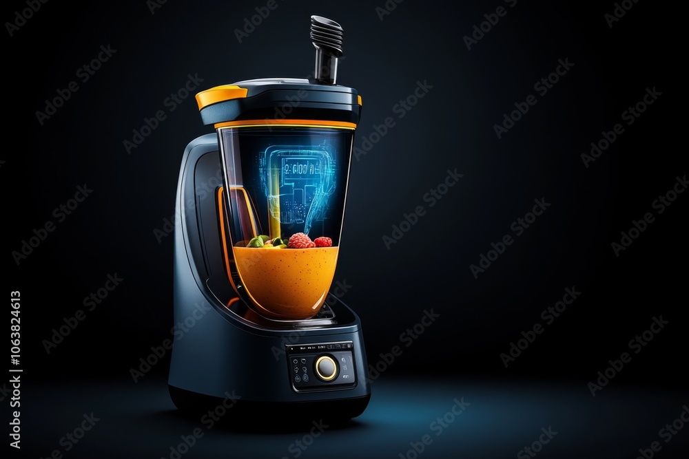 Poster High-tech, digital blender with holographic display showing blend speed and ingredients, blending a smoothie with neon colors and futuristic design
