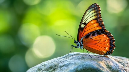 Obraz premium Butterfly wings open on a bare branch, minimalist green field behind