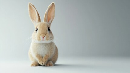 Obraz premium Charming Bunny: A cute bunny with long ears, sitting on a minimalist white background, looking directly at the viewer. 