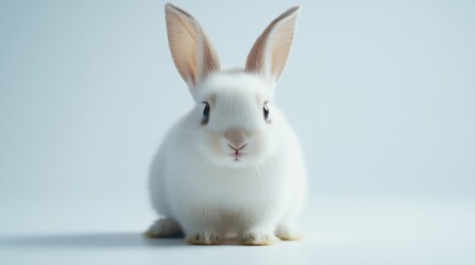 Charming Bunny: A cute bunny with long ears, sitting on a minimalist white background, looking directly at the viewer. --ar 16:9 --v 6.1 Job ID: 604fe9d2-2f49-4296-9384-27c11cad9d63