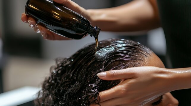 Beautician applying hair growth serum on client s scalp for healthy hair treatment session