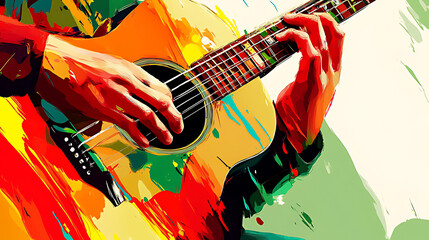 Closeup of a hand playing an acoustic guitar with vibrant colorful brushstrokes in the background.