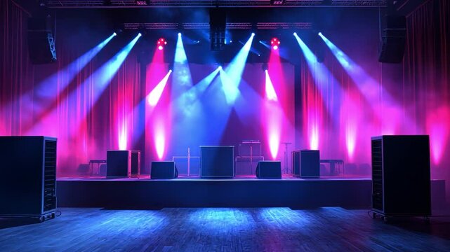 Concert Stage Ready:  Neon Lights illuminate an empty concert stage, ready for a breathtaking performance.  The atmosphere is electric, anticipation hangs in the air.