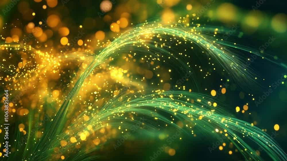 Poster abstract golden and green swirling lights create a vibrant and enchanting visual effect in a dark ba